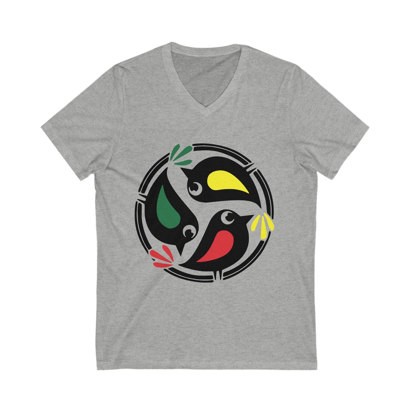 Unisex V-Neck Tee with Colorful 3 Birds Circle Design