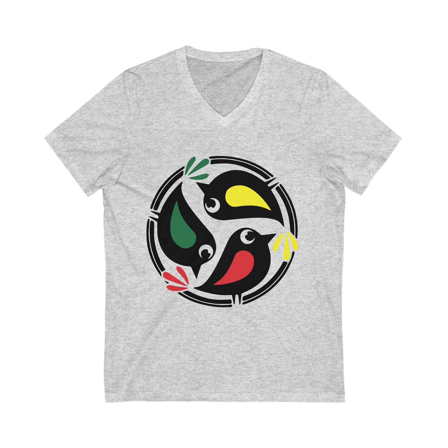 Unisex V-Neck Tee with Colorful 3 Birds Circle Design