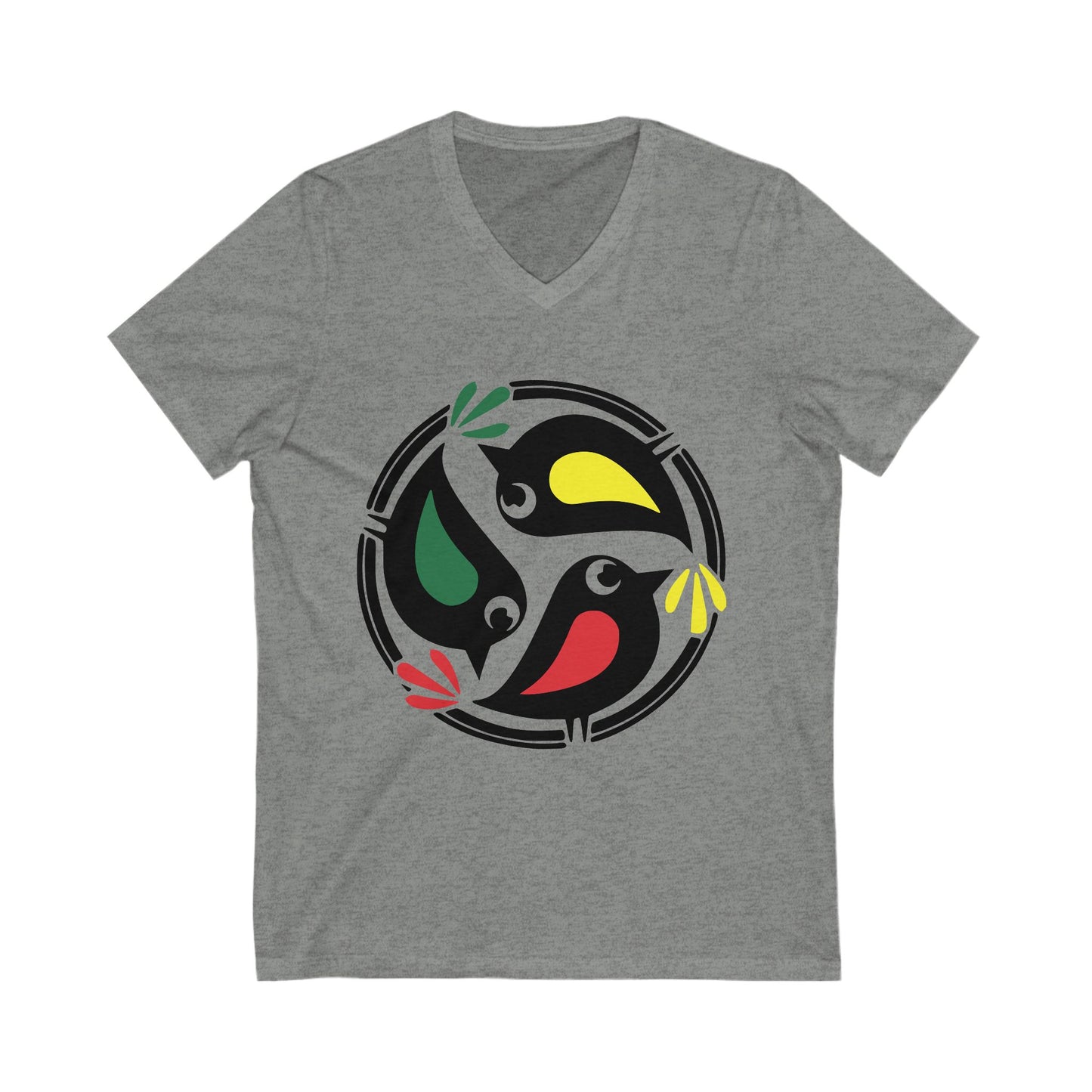 Unisex V-Neck Tee with Colorful 3 Birds Circle Design