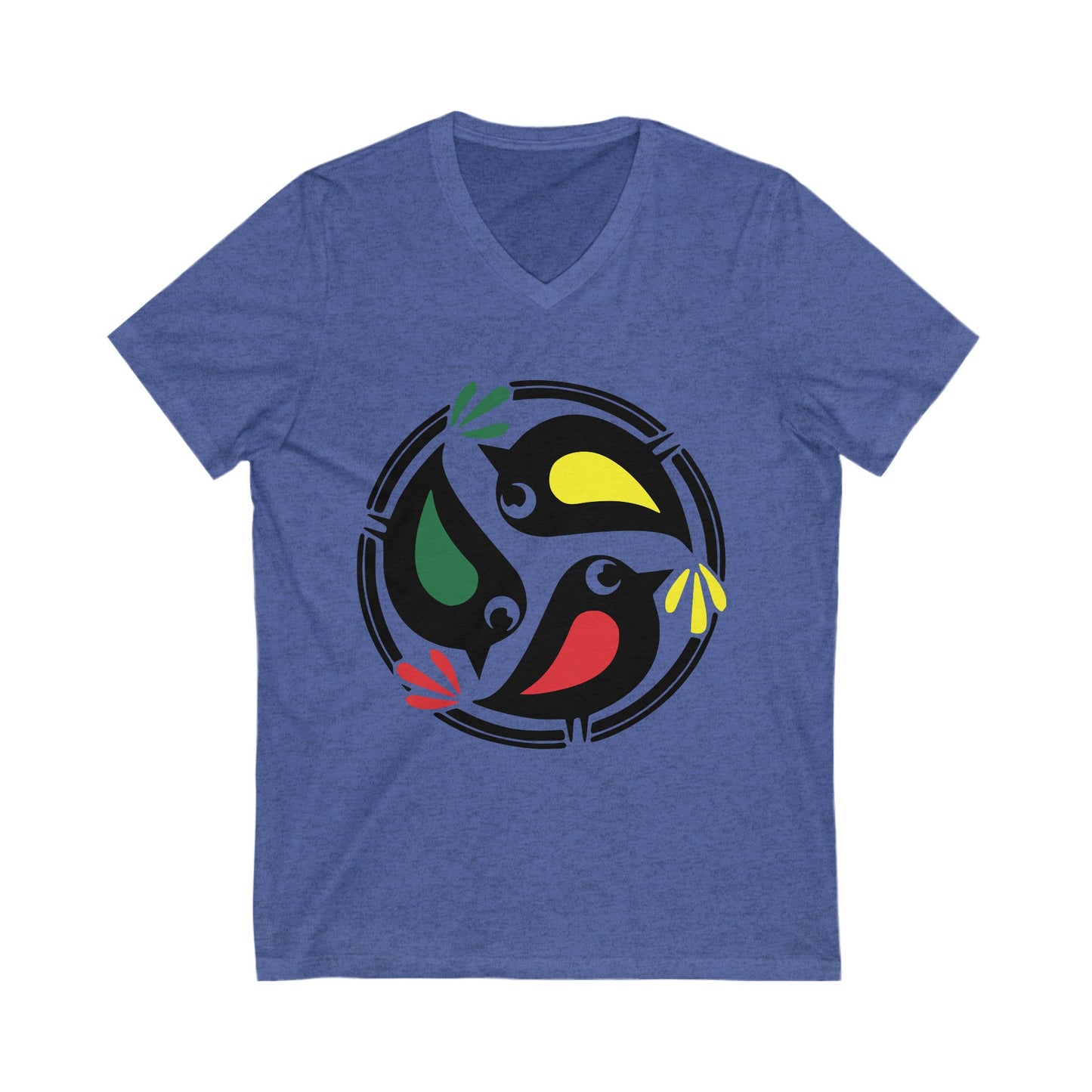 Unisex V-Neck Tee with Colorful 3 Birds Circle Design