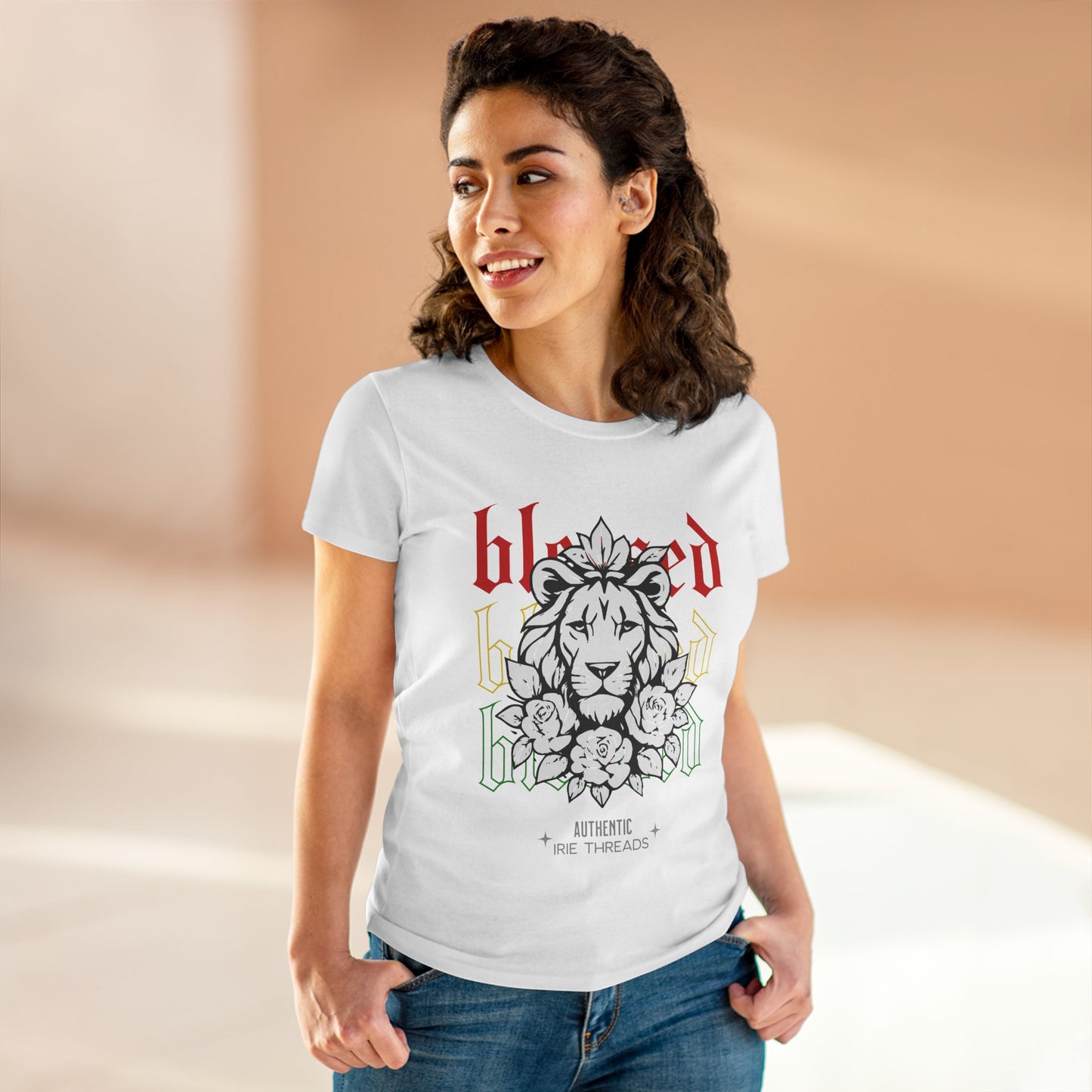 Blessed Lion Women Midweight Cotton Tee - Inspirational Floral Graphic T-Shirt