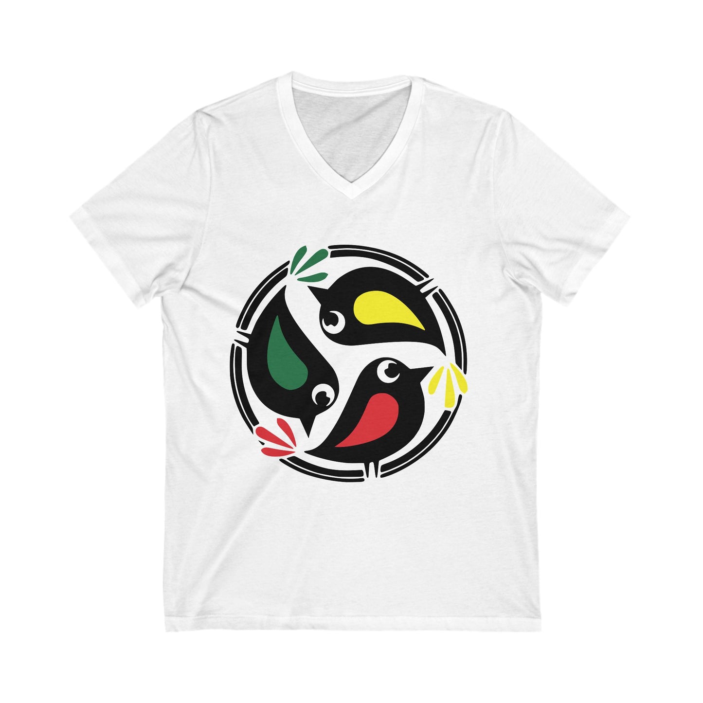 Unisex V-Neck Tee with Colorful 3 Birds Circle Design