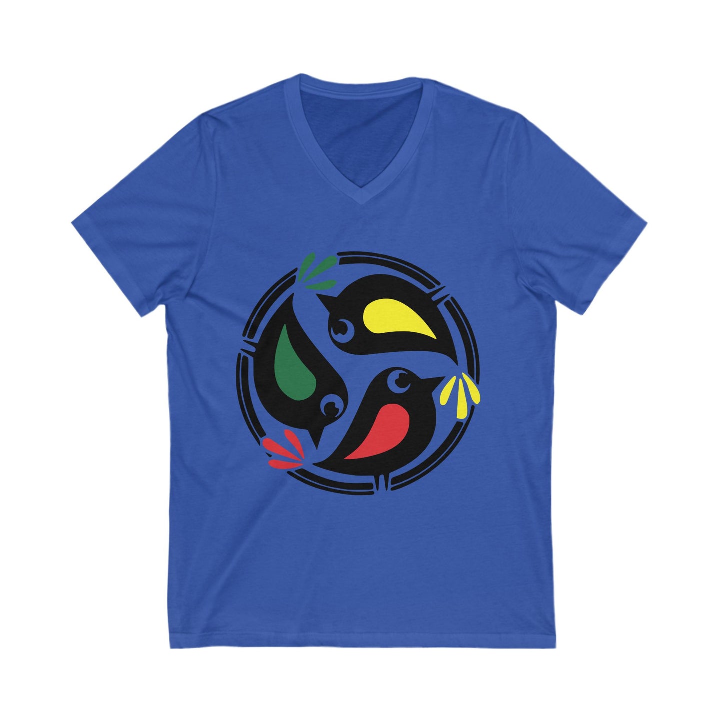 Unisex V-Neck Tee with Colorful 3 Birds Circle Design