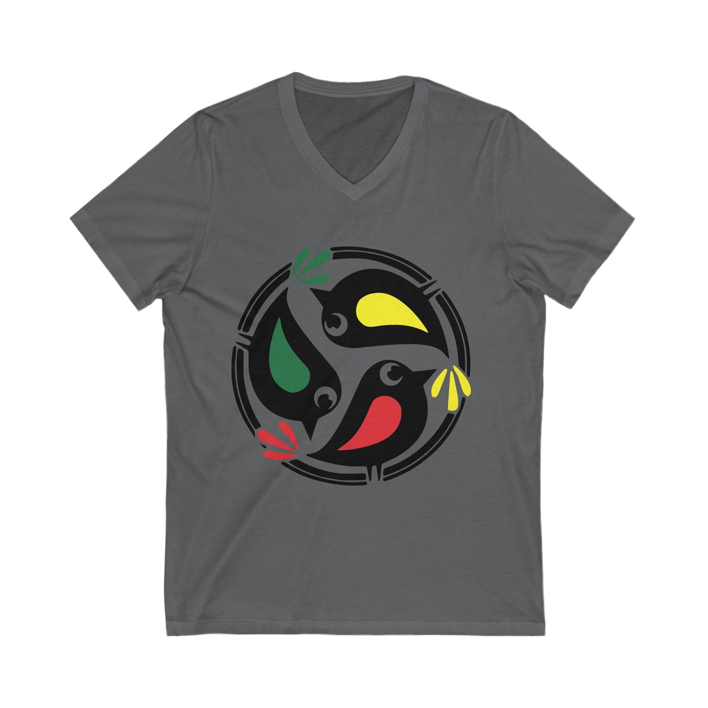 Unisex V-Neck Tee with Colorful 3 Birds Circle Design