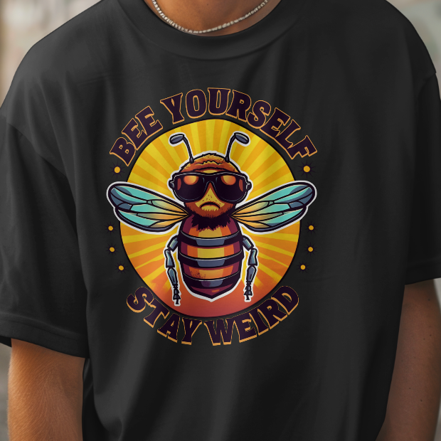 Person wearing a black t-shirt with a bee graphic and text, standing against an urban background.