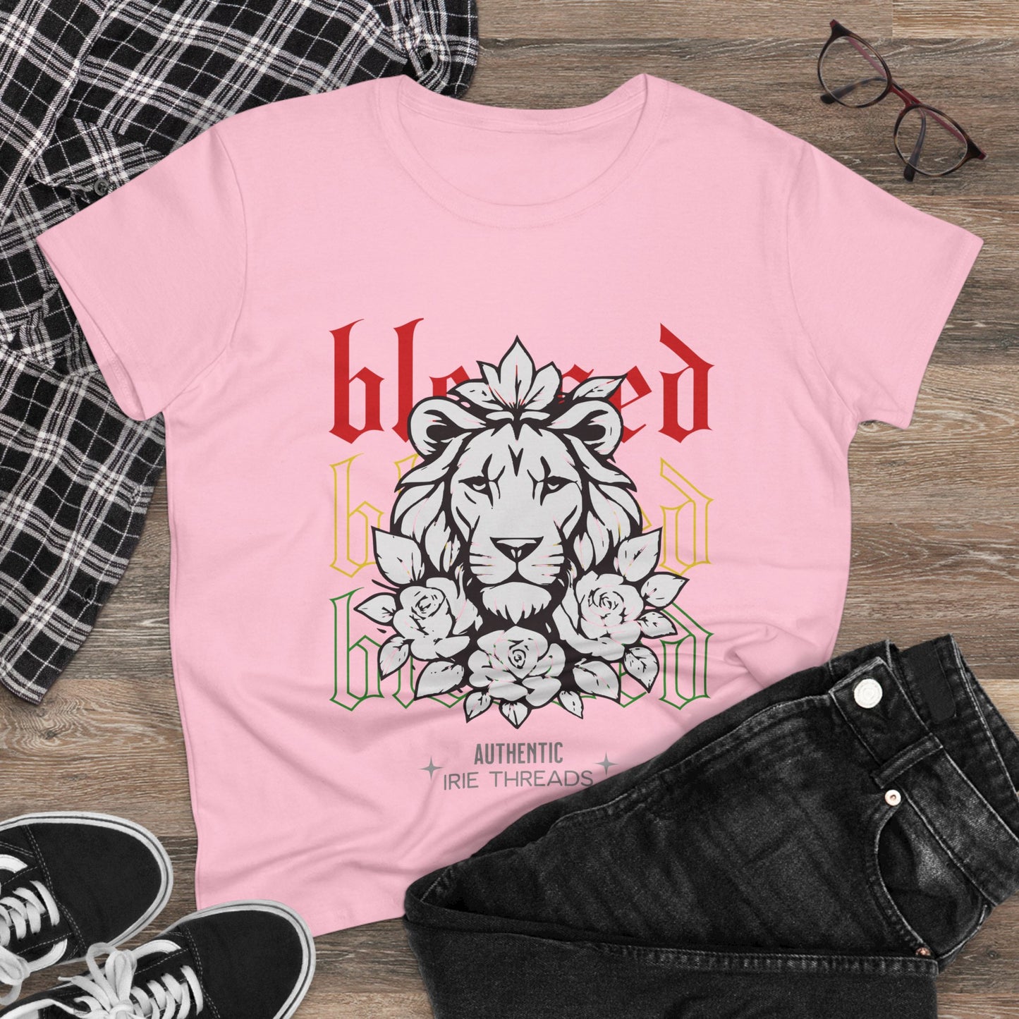 Blessed Lion Women Midweight Cotton Tee - Inspirational Floral Graphic T-Shirt