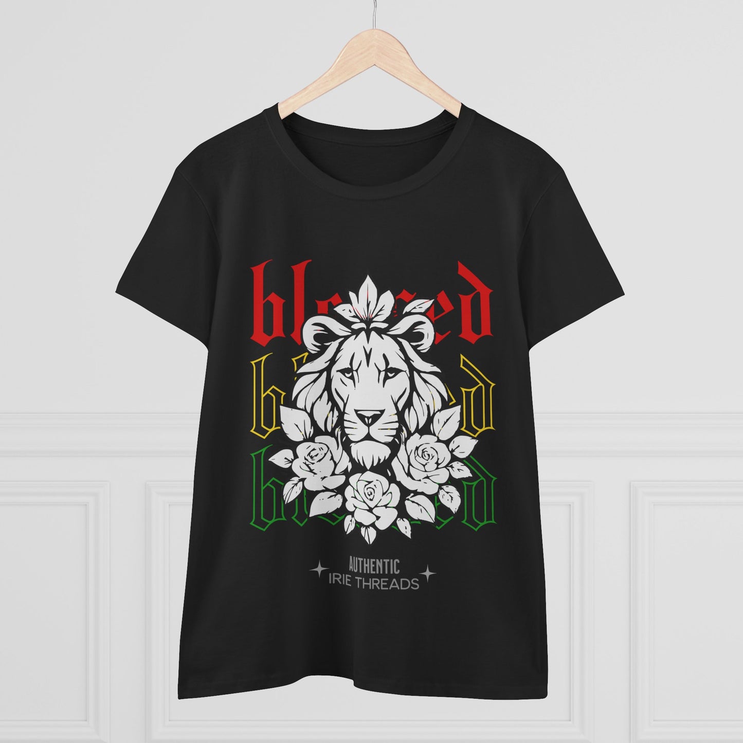 Blessed Lion Women Midweight Cotton Tee - Inspirational Floral Graphic T-Shirt