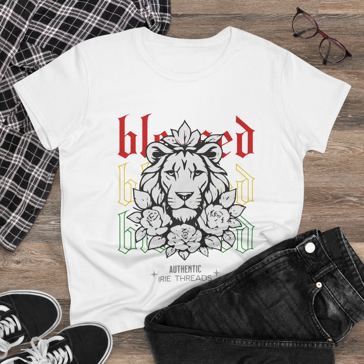 Blessed Lion Women Midweight Cotton Tee - Inspirational Floral Graphic T-Shirt
