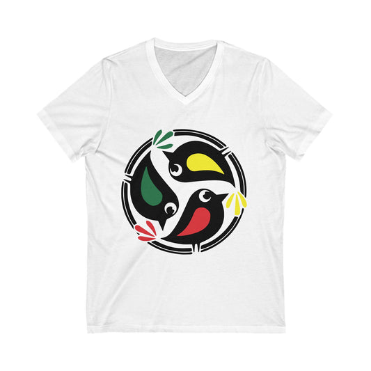 Unisex V-Neck Tee with Colorful 3 Birds Circle Design
