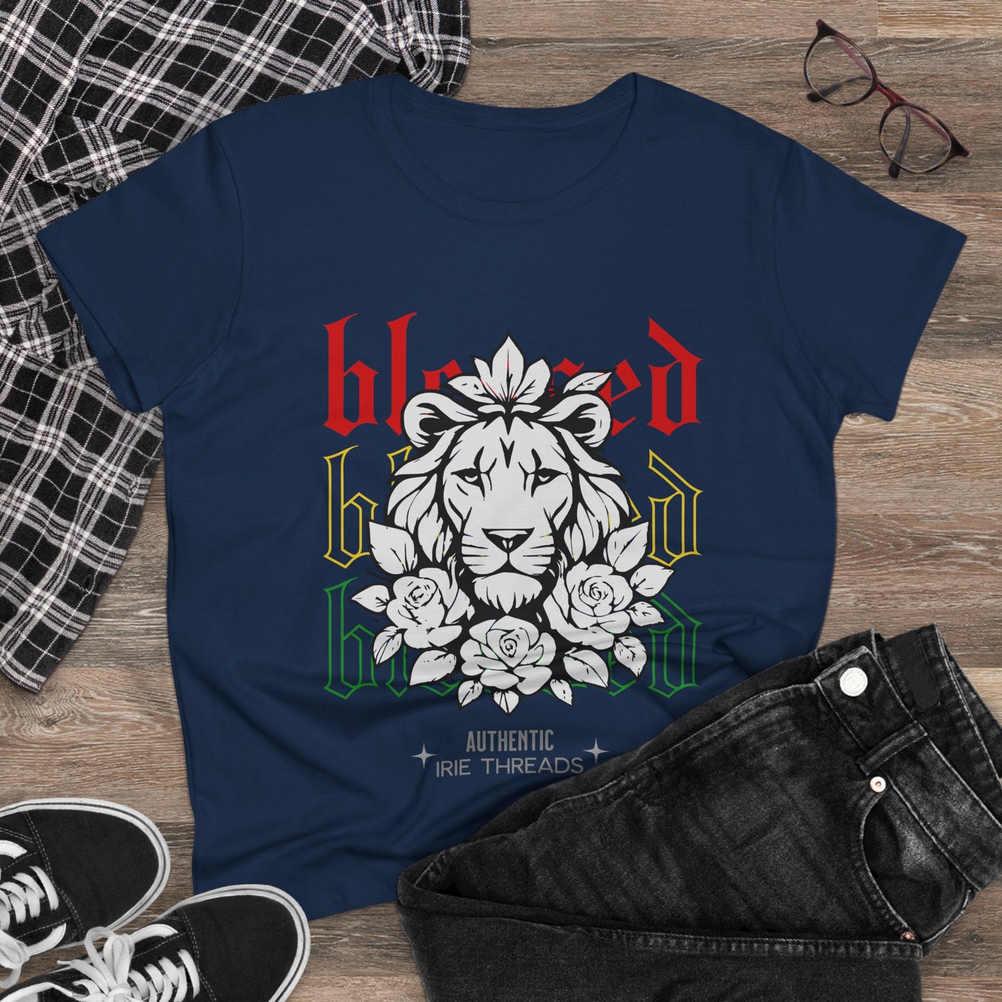 Blessed Lion Women Midweight Cotton Tee - Inspirational Floral Graphic T-Shirt
