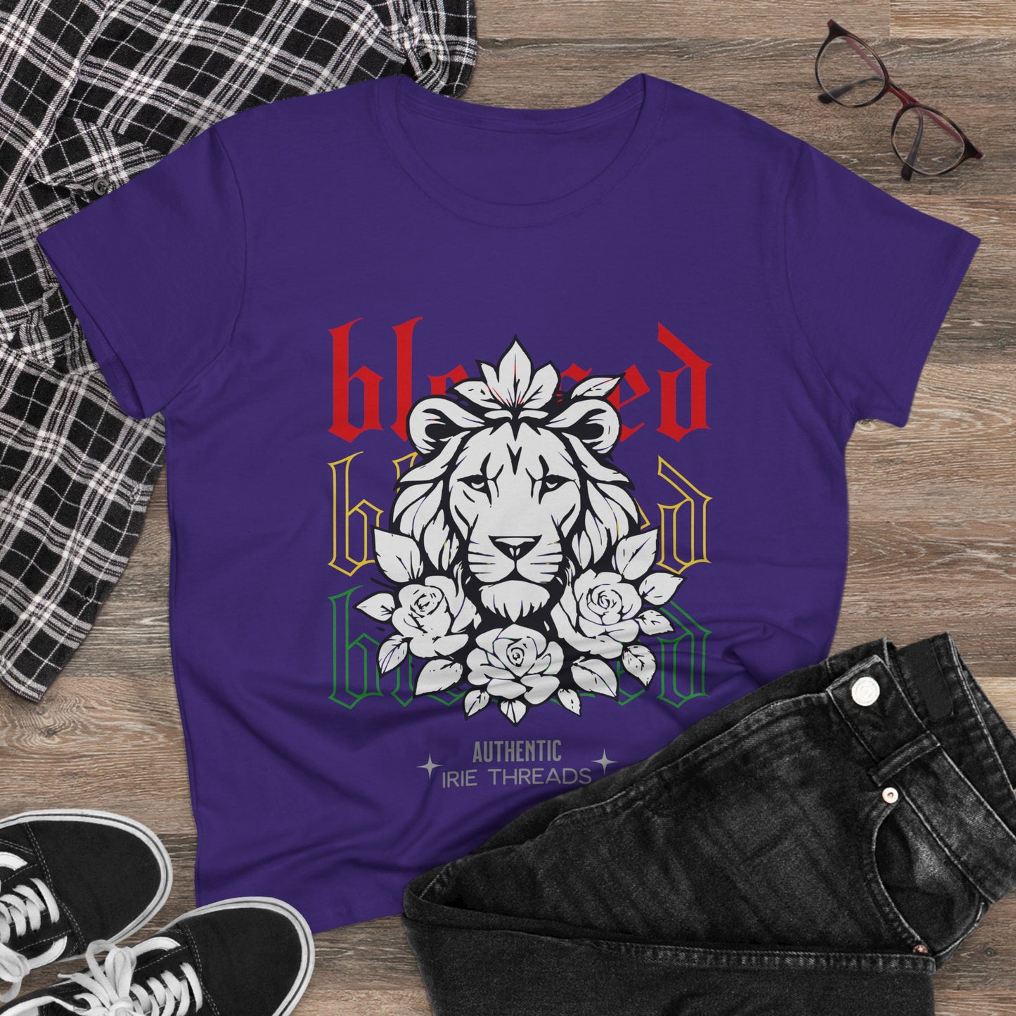 Blessed Lion Women Midweight Cotton Tee - Inspirational Floral Graphic T-Shirt
