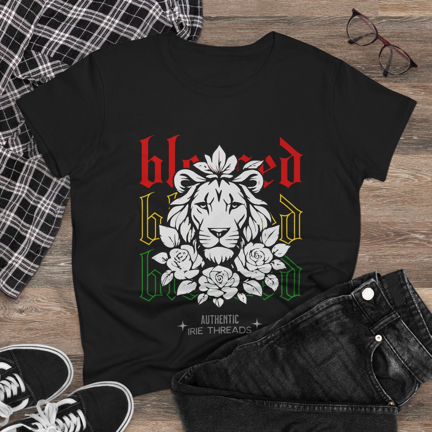Blessed Lion Women Midweight Cotton Tee - Inspirational Floral Graphic T-Shirt