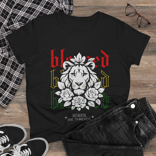 Blessed Lion Women Midweight Cotton Tee - Inspirational Floral Graphic T-Shirt