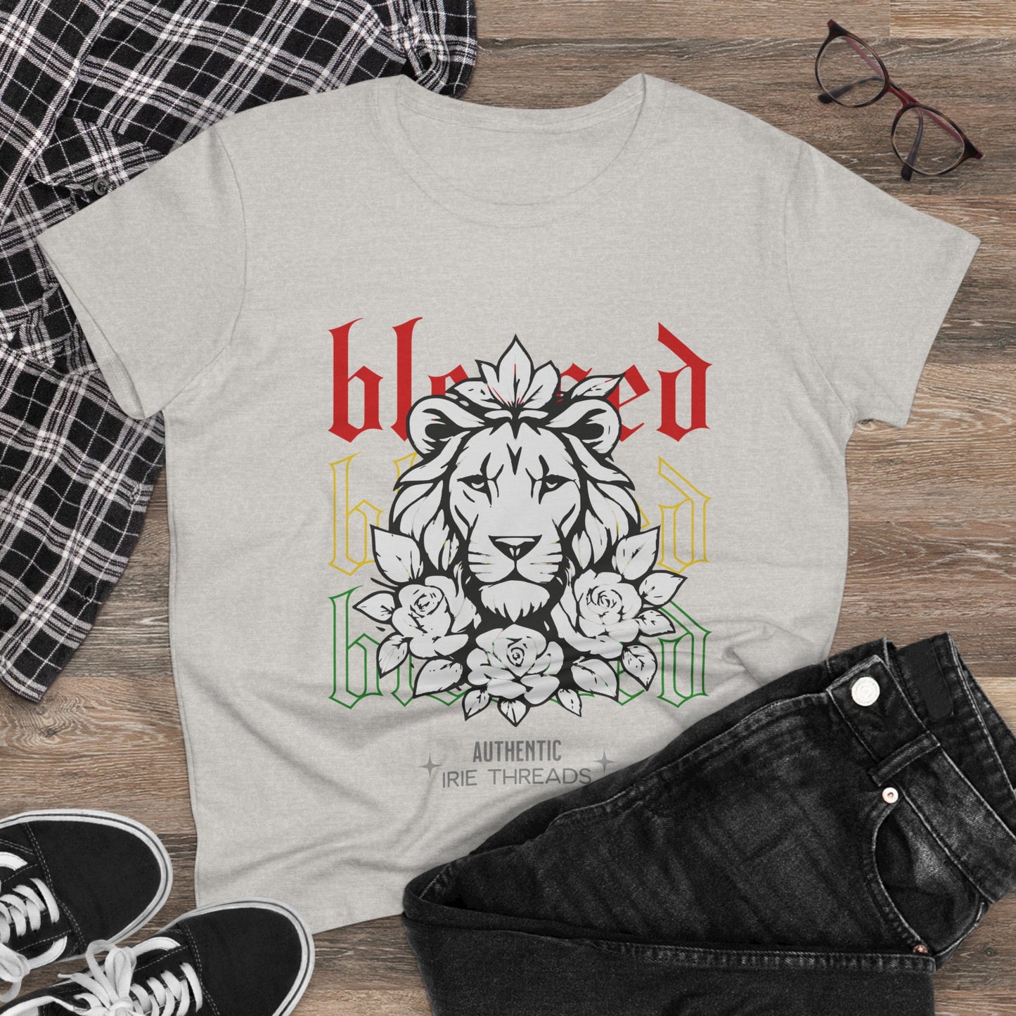 Blessed Lion Women Midweight Cotton Tee - Inspirational Floral Graphic T-Shirt