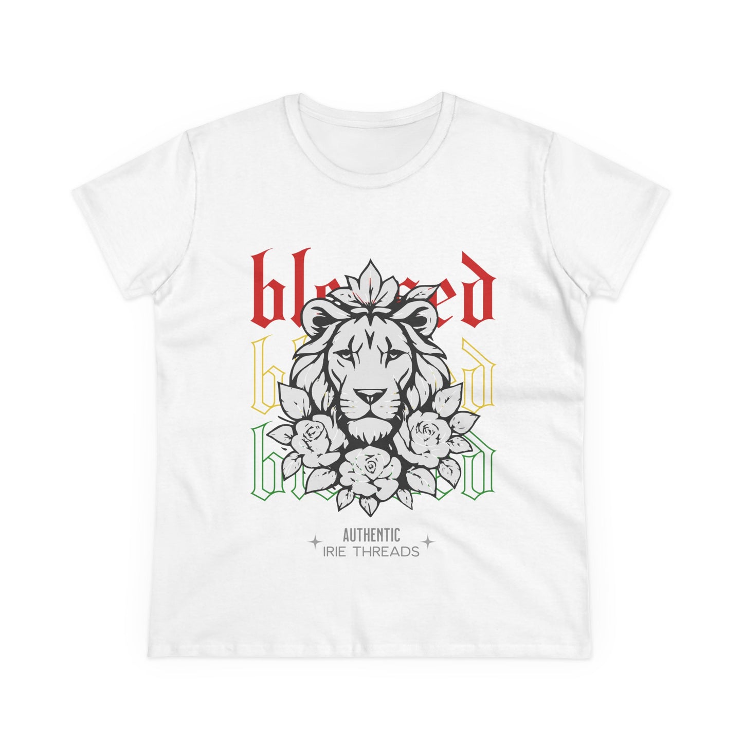 Blessed Lion Women Midweight Cotton Tee - Inspirational Floral Graphic T-Shirt