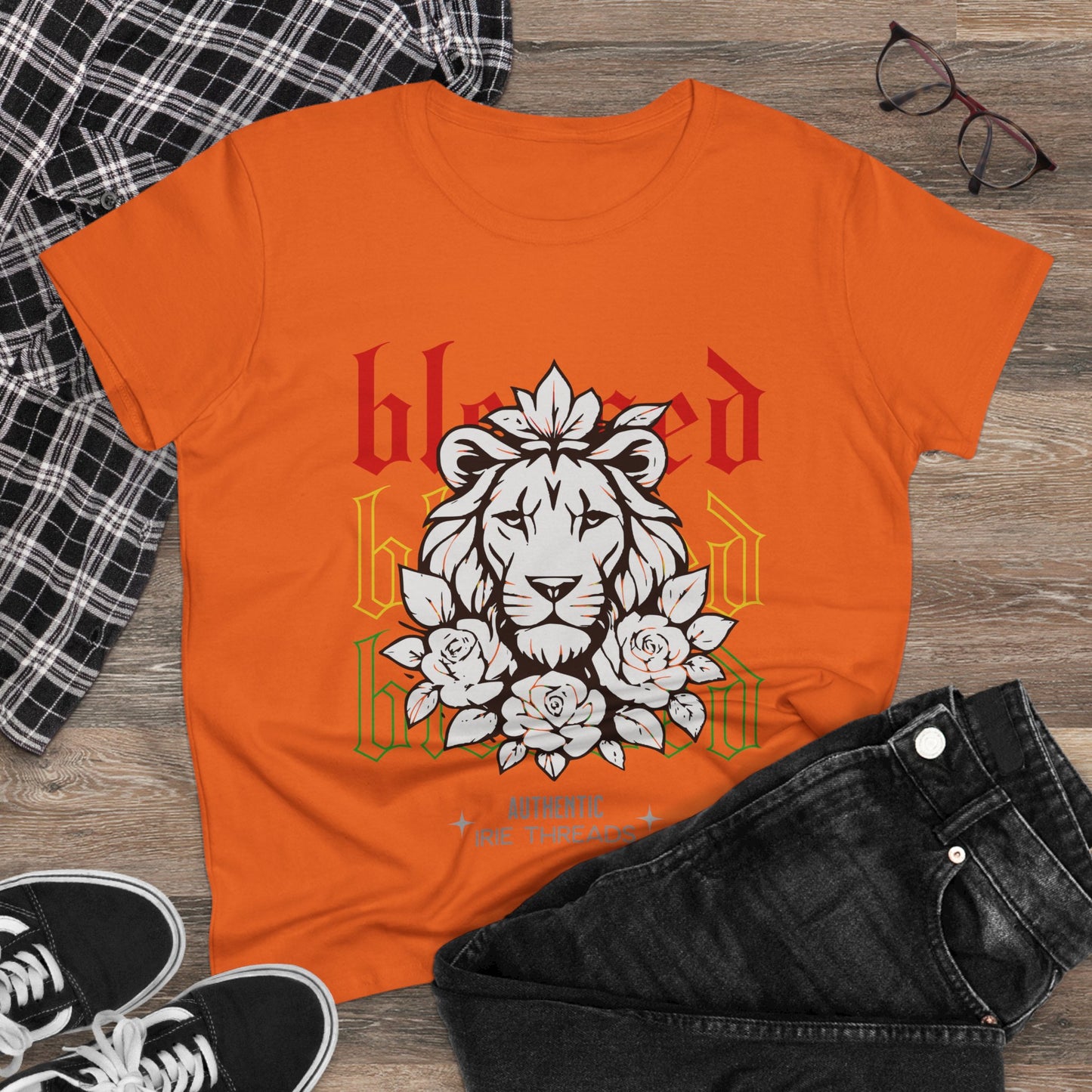Blessed Lion Women Midweight Cotton Tee - Inspirational Floral Graphic T-Shirt
