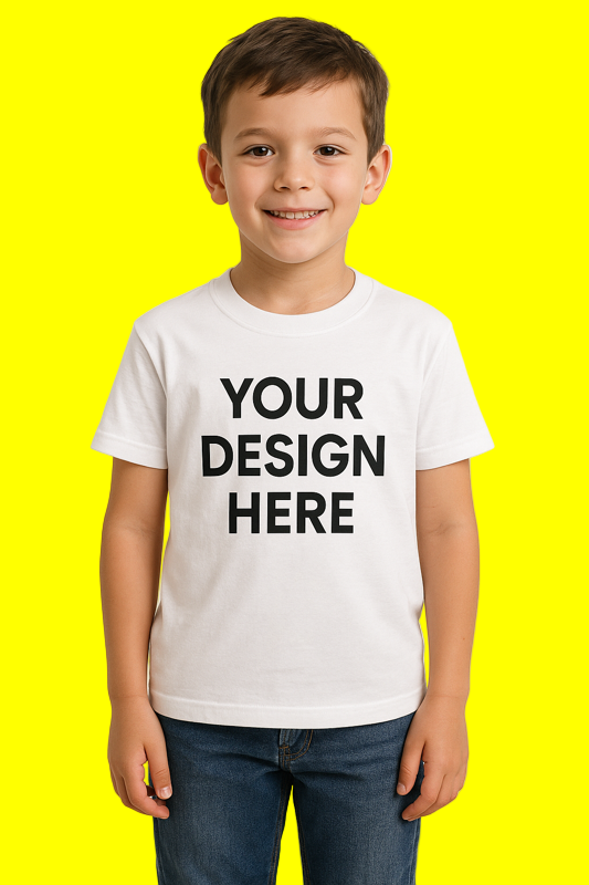 Child wearing a white t-shirt with 'Your Design Here' text on a beige background