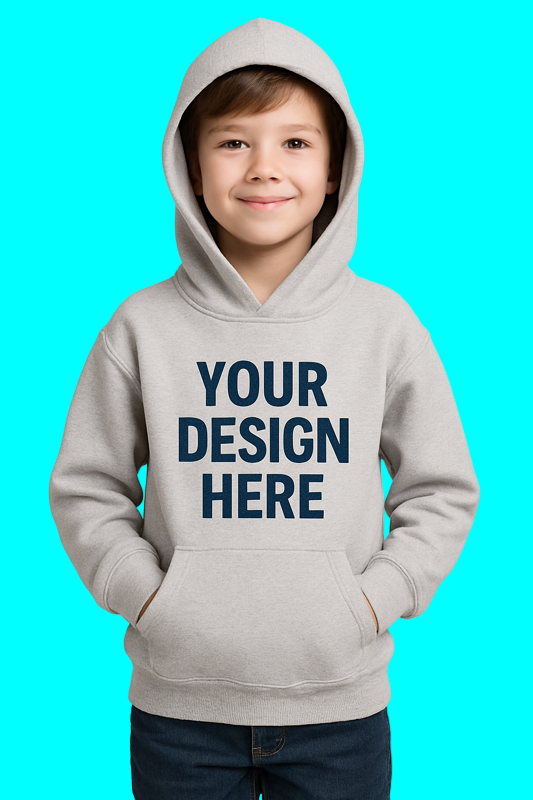 Child wearing a gray hoodie with 'Your Design Here' text on a light gray background