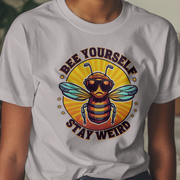 Person wearing a t-shirt with a bee graphic and text in a casual setting