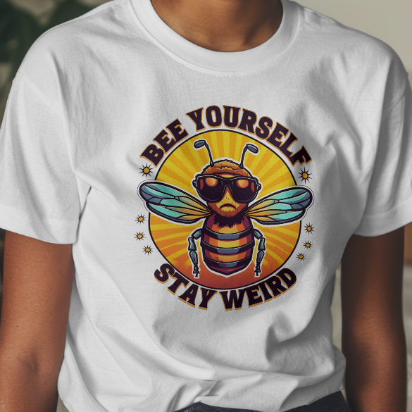 Person wearing a white t-shirt with a bee graphic and text in a bedroom setting