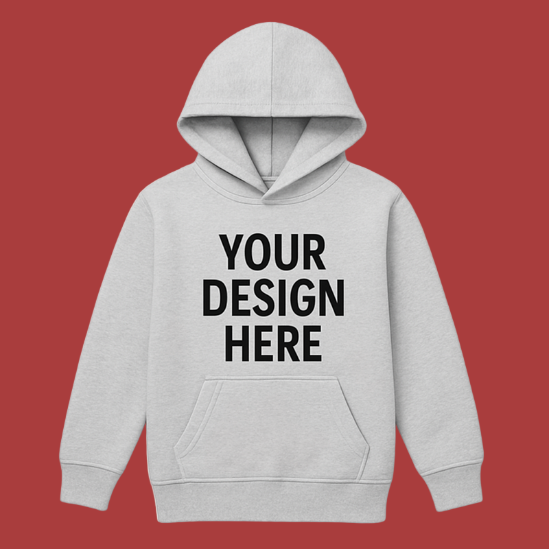 Gray hoodie with 'Your Design Here' text on a beige background