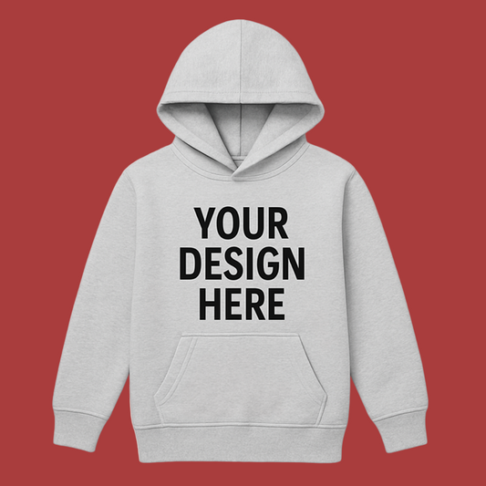 Gray hoodie with 'Your Design Here' text on a beige background