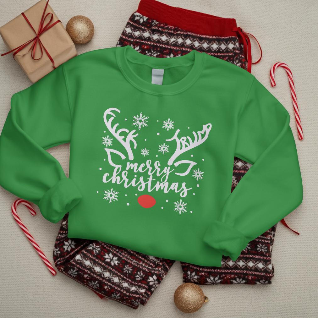 Green sweatshirt with 'Merry Christmas' text on a festive background with candy canes and ornaments.