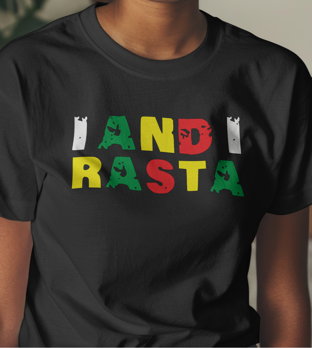 Person wearing a black t-shirt with colorful text in a home setting