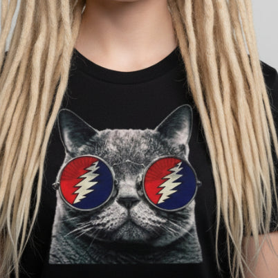 Cat wearing sunglasses with a Grateful Dead logo