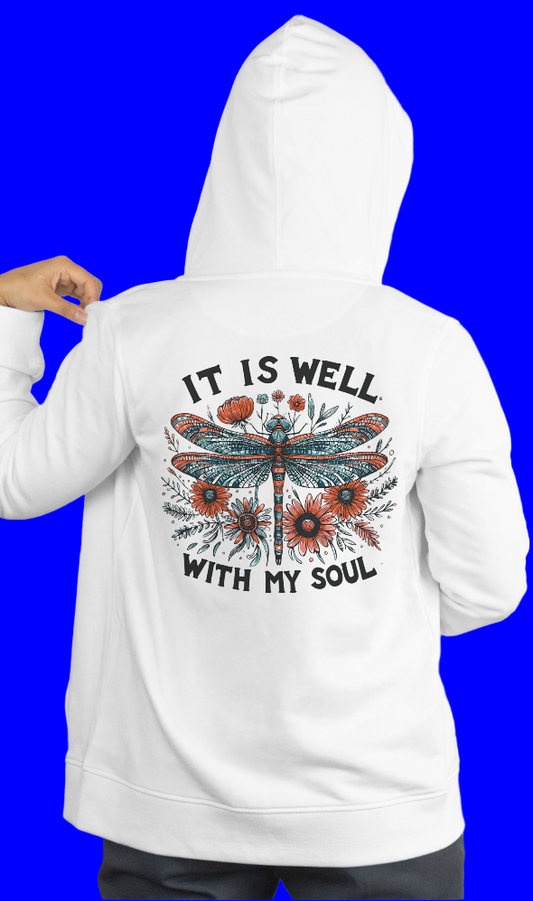 White hoodie with dragonfly design and text on a plain background