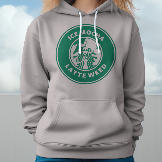 Person wearing a hoodie with a humorous Starbucks logo modification against a cloudy sky.