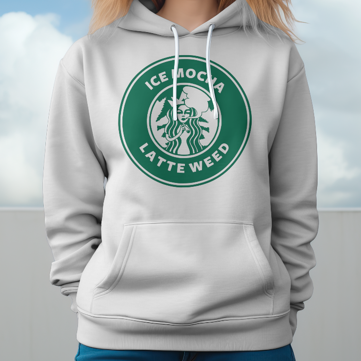 Person wearing a hoodie with a humorous Starbucks logo modification against a cloudy sky.