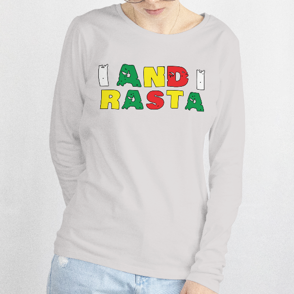 Person wearing a light gray sweatshirt with colorful text on a white background