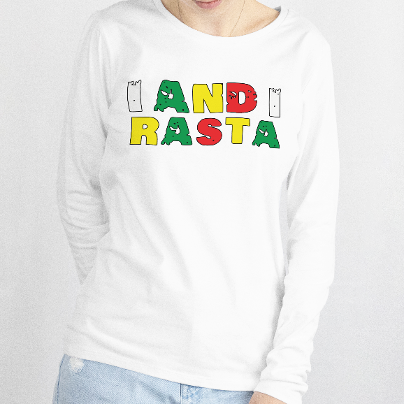 Person wearing a white sweatshirt with colorful text on a plain background