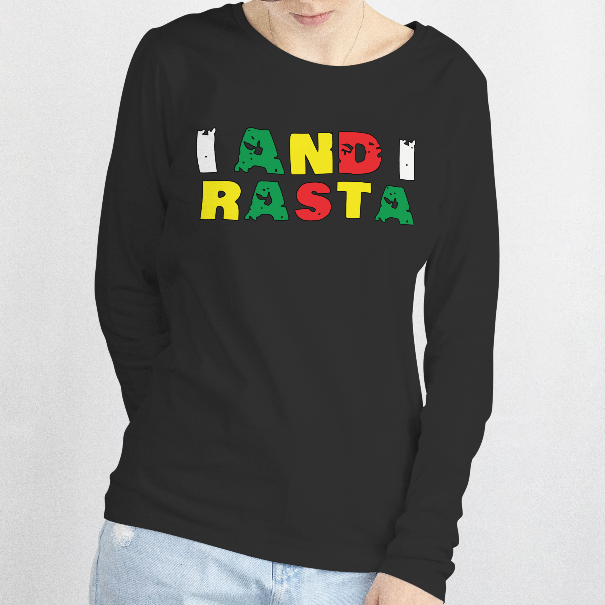 Person wearing a black long-sleeve shirt with colorful text on a white background