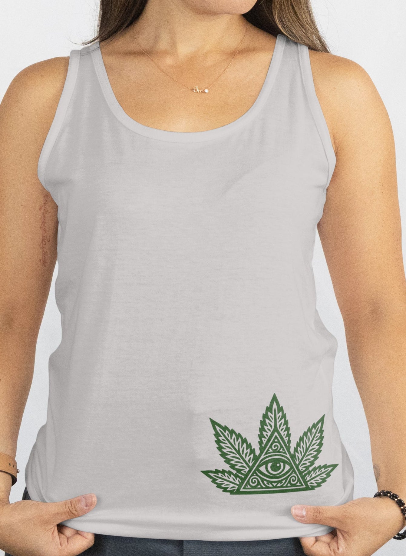 woman in Heather grey tank 