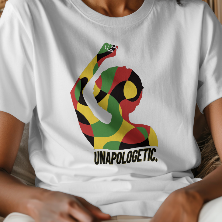 Person wearing a white t-shirt with a colorful graphic and 'UNAPOLOGETIC.' text.